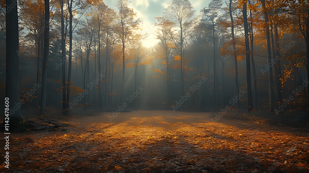Fototapeta premium Sunbeams pierce misty autumn forest, illuminating path strewn with fallen leaves.