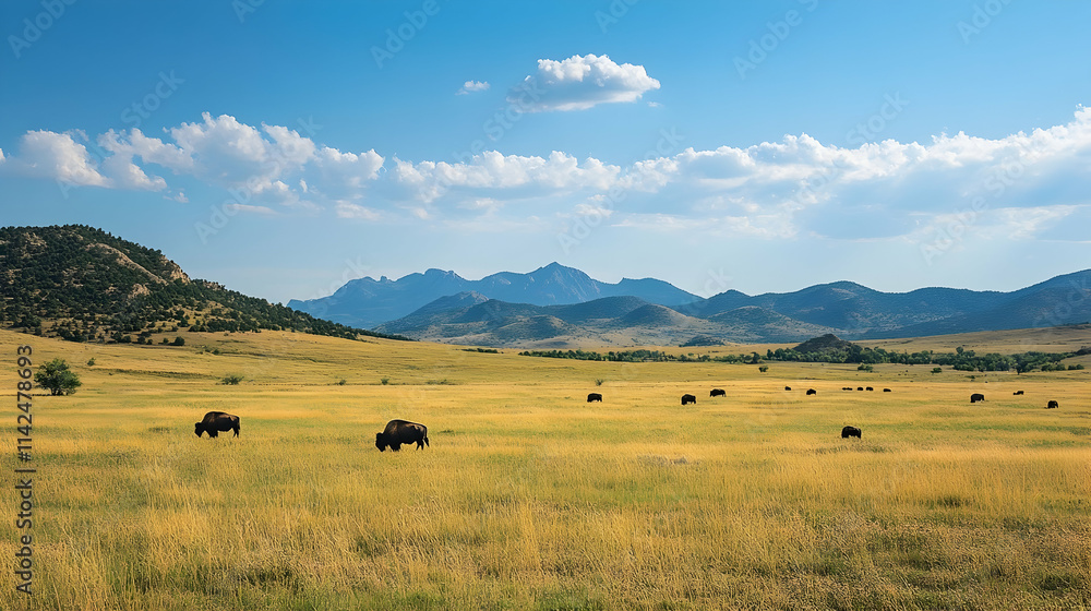Montana Wildlife Park with open grasslands and roaming bison, rugged American wilderness Montana Wildlife Park with open grasslands and roaming bison, rugged American wilderness