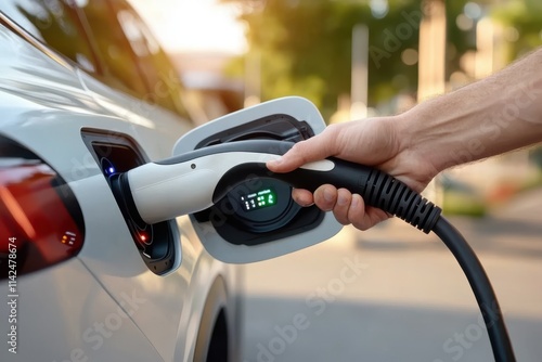 A close-up shot shows an electric car being charged at a modern charging station, highlighting the progression towards eco-friendly and sustainable transportation. photo