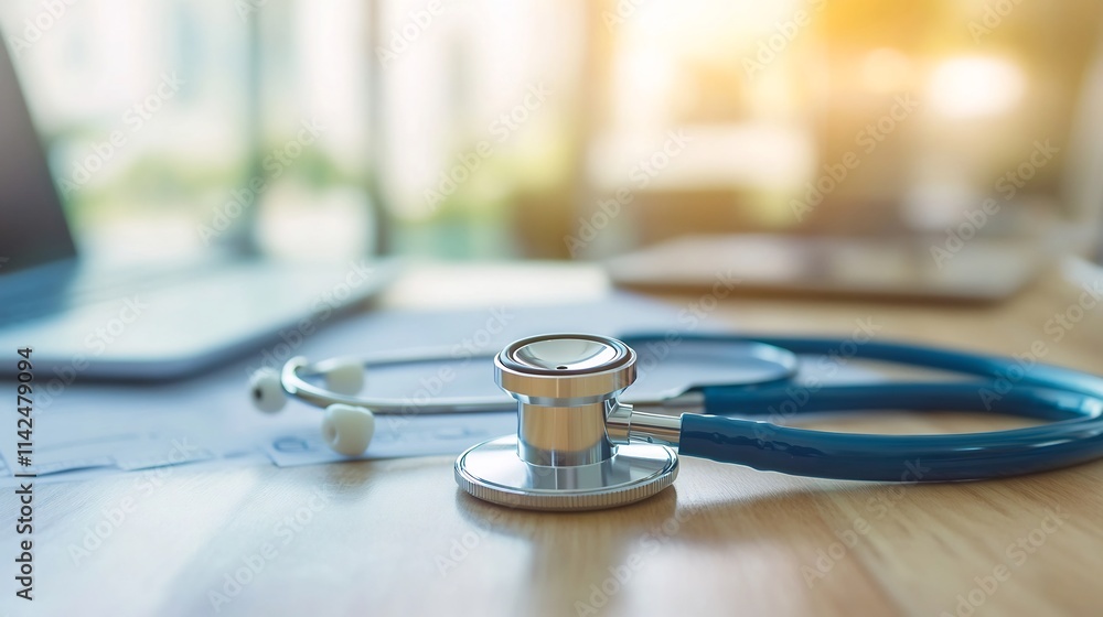 Stethoscope on Wooden Desk with Medical Reports,Symbolizing Healthcare and Diagnostics Stethoscope on Wooden Desk with Medical Reports,Symbolizing Healthcare and Diagnostics