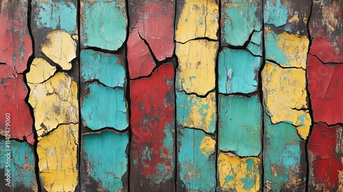 Vibrant colors layer the aged wooden surface with cracks