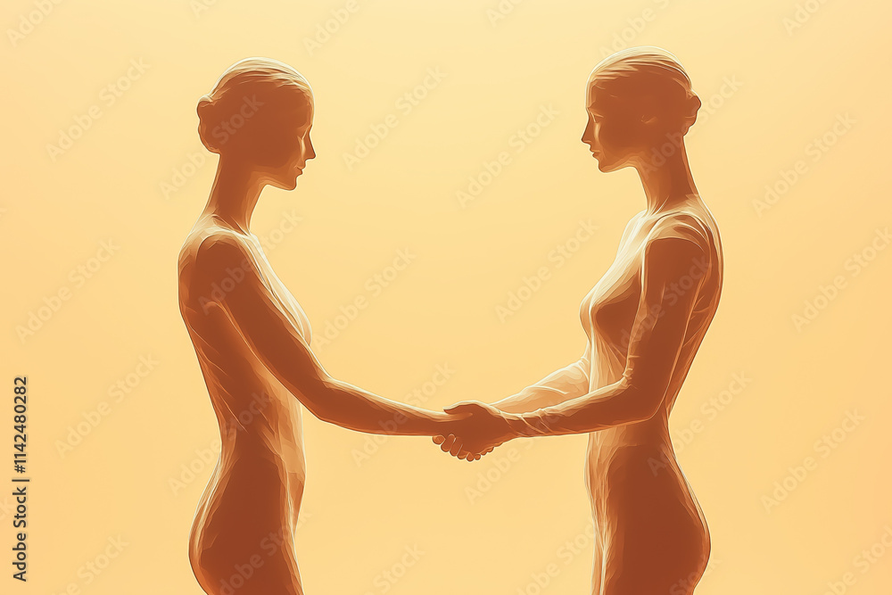 Two Abstract Female Figures Shaking Hands on a Light Gradient Background Two Abstract Female Figures Shaking Hands on a Light Gradient Background