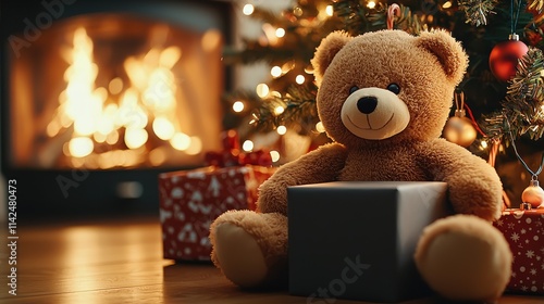 A heartwarming scene featuring a teddy bear amidst gift boxes under a Christmas tree, with a glowing fireplace, capturing holiday warmth and family joy. photo