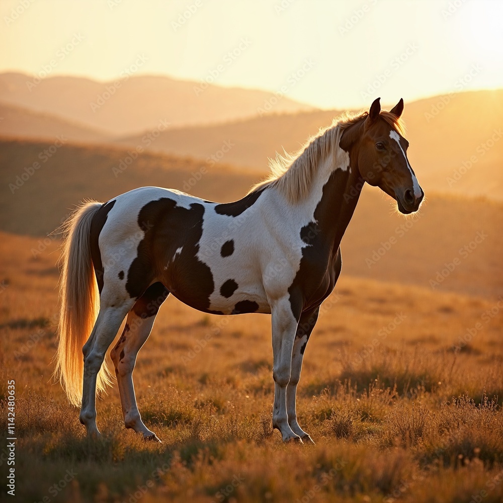 Fototapeta premium Appaloosa Horse in Open Field Under Golden Hour Light