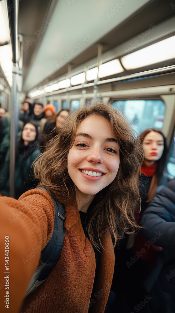 A girl with a bright smile and curly hair is taking a selfie in a busy subway train, capturing youthful vitality and the essence of city commuting life. A girl with a bright smile and curly hair is taking a selfie in a busy subway train, capturing youthful vitality and the essence of city commuting life.