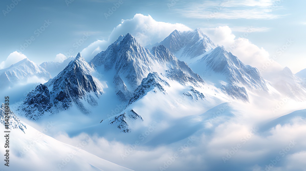 Majestic snow-capped mountains peak piercing through clouds.