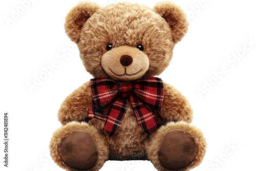 teddy bear with tartan bow on transparent background photo