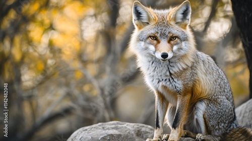 Swift fox sitting majestically on rock in autumnal forest photo