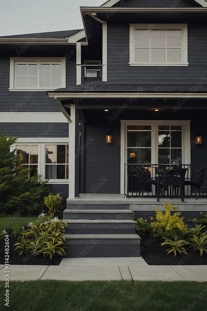 Obraz premium Exterior View of Two-Story House with Porch and Landscaping