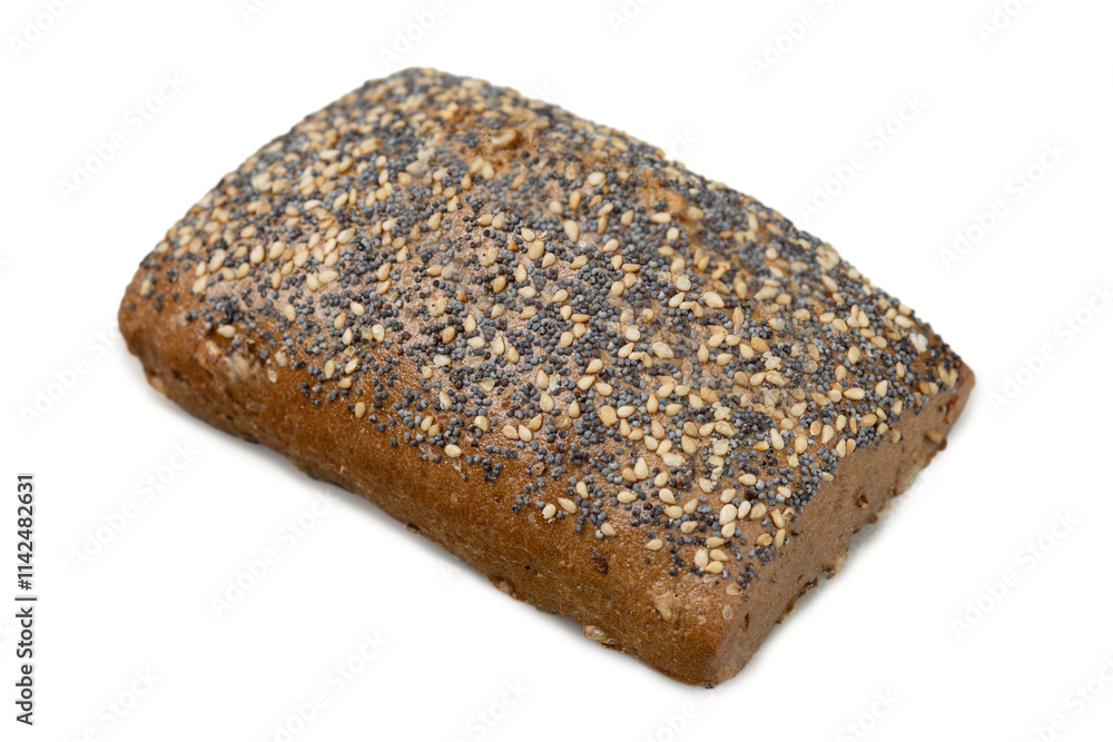 Loaf bread with sesame seeds, flax, coriander isolated on white background