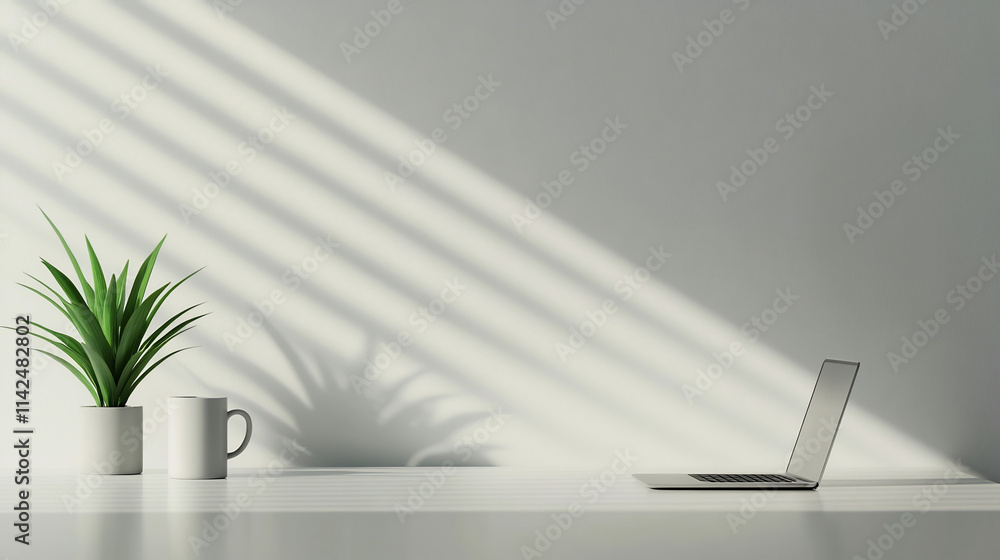 Minimalist White Office Desk Setup with Laptop,Mug,and Potted Plant for Branding or Copy Minimalist White Office Desk Setup with Laptop,Mug,and Potted Plant for Branding or Copy