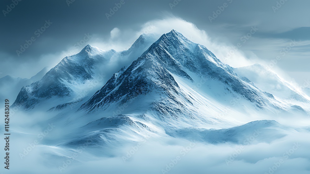 Majestic snow-capped mountains shrouded in mist, dramatic windswept peaks. Majestic snow-capped mountains shrouded in mist, dramatic windswept peaks.