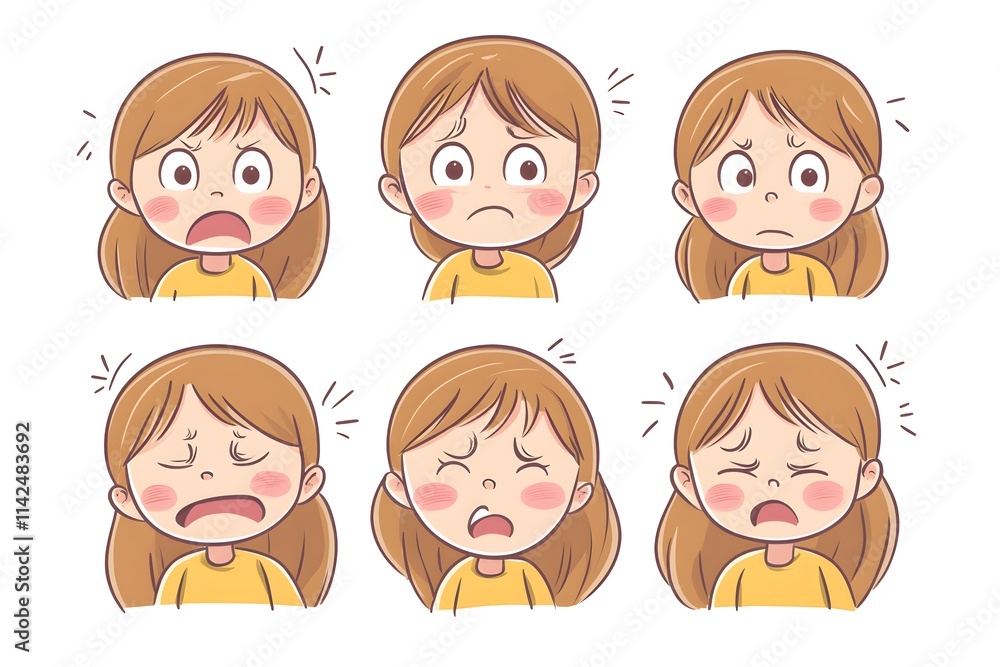 A girls diverse facial expressions showcase various emotions A girls diverse facial expressions showcase various emotions