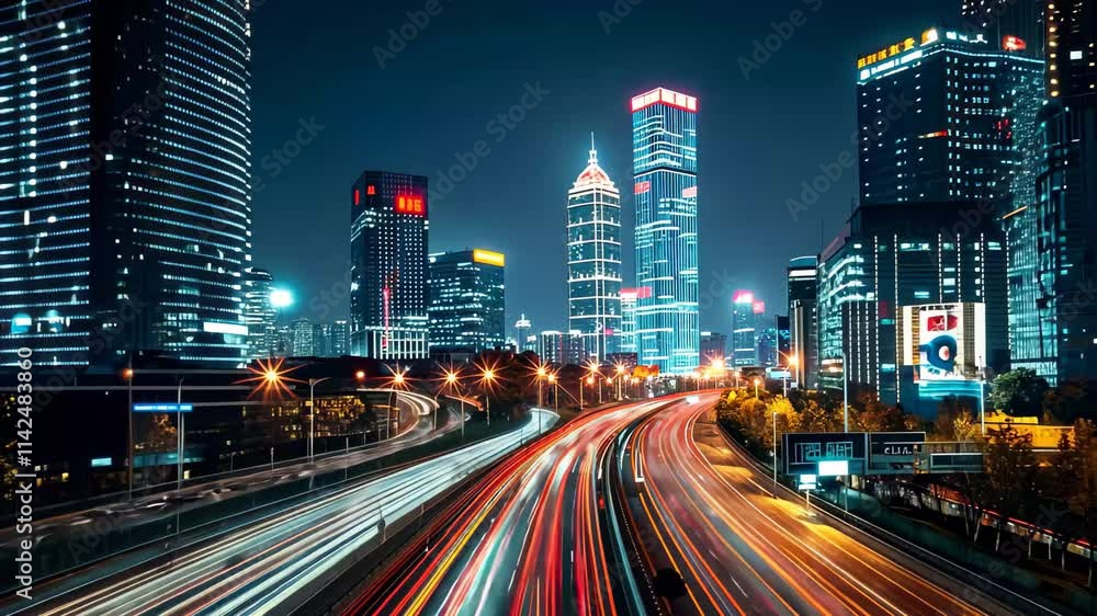 A bustling city skyline illuminated by colorful lights showcases skyscrapers as vehicles streak along the busy highway during the night. A bustling city skyline illuminated by colorful lights showcases skyscrapers as vehicles streak along the busy highway during the night.