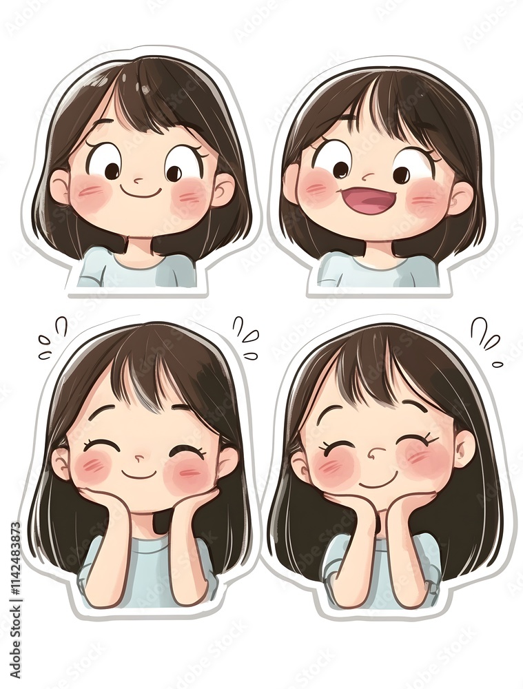 Four adorable girl stickers showing various happy expressions Four adorable girl stickers showing various happy expressions