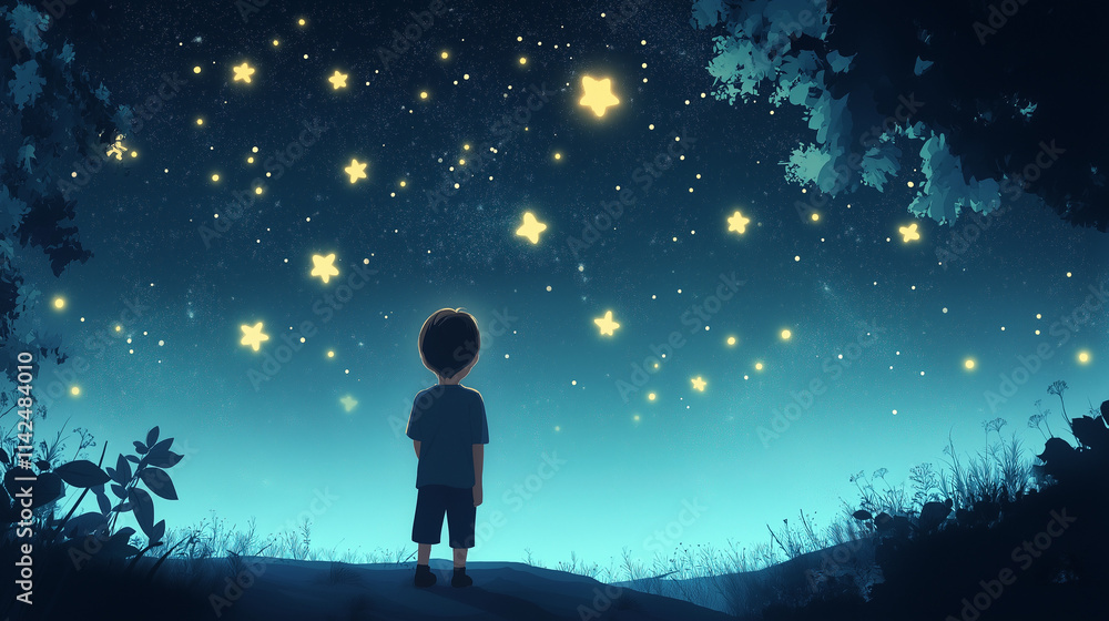 A child looking with curiosity at the starry sky, full of magic, colorful, serene, with a sense of Wonder and tranquility A child looking with curiosity at the starry sky, full of magic, colorful, serene, with a sense of Wonder and tranquility