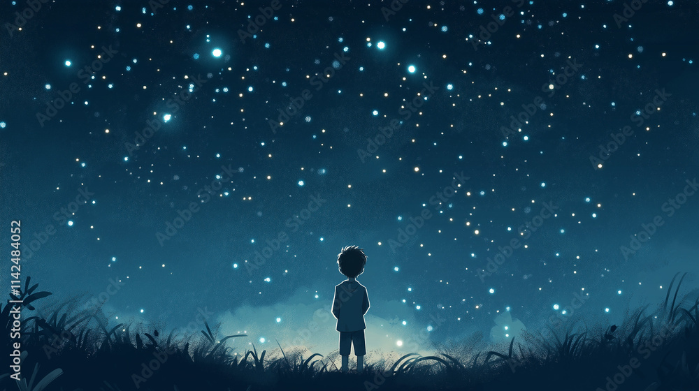 Obraz premium A child looking with curiosity at the starry sky, full of magic, colorful, serene, with a sense of Wonder and tranquility 