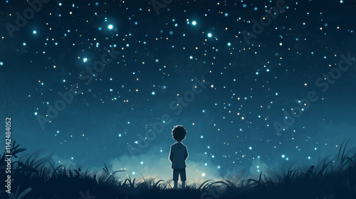 A child looking with curiosity at the starry sky, full of magic, colorful, serene, with a sense of Wonder and tranquility 