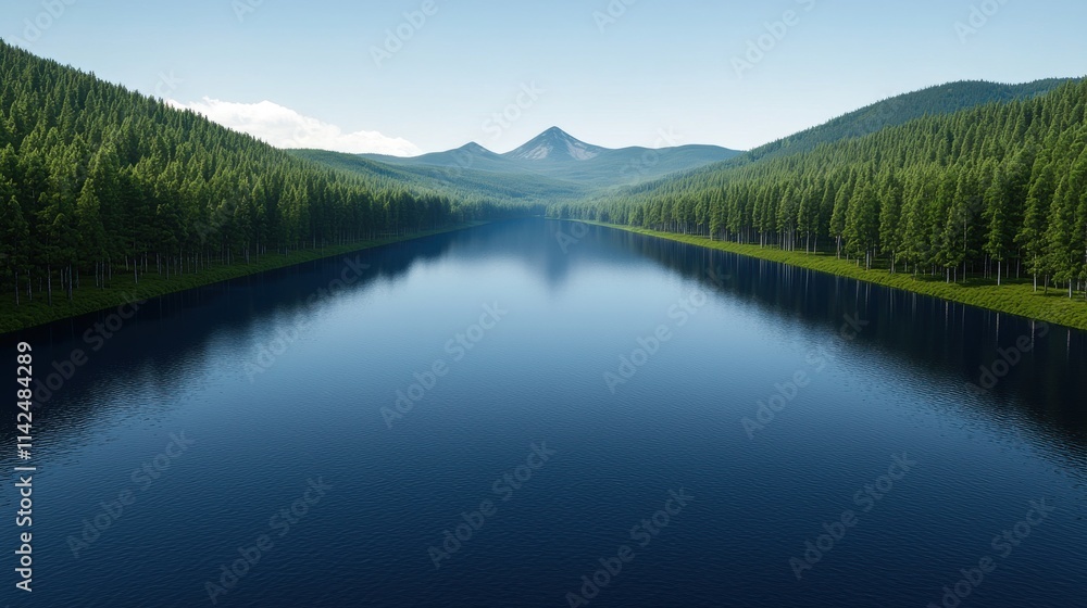 Naklejka premium A serene landscape featuring a calm lake surrounded by lush green forests and distant mountains under a clear blue sky.