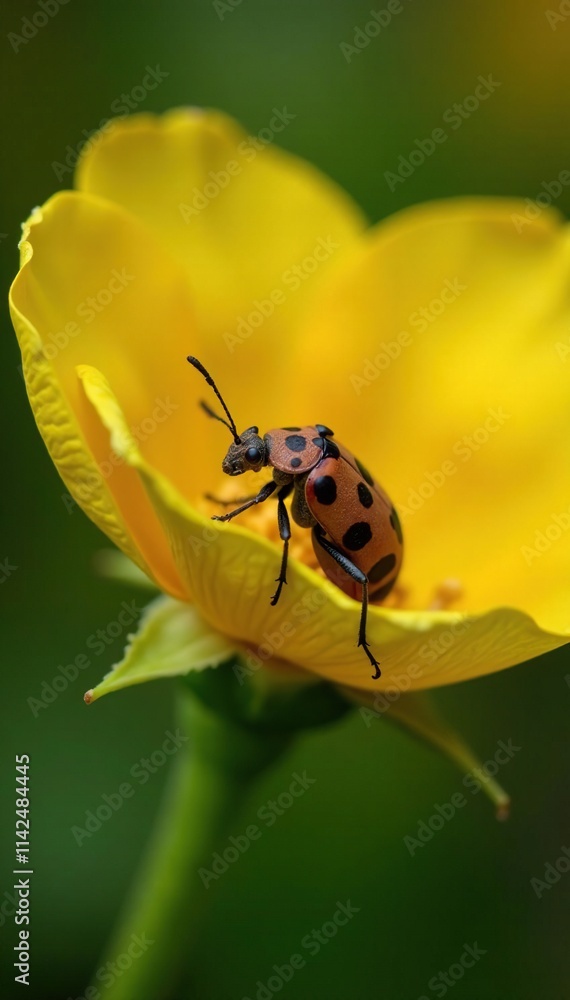Naklejka premium A brown bean bug perched on the stem of a yellow Charleston rose with soft focus, legume, charleston rose, fauna