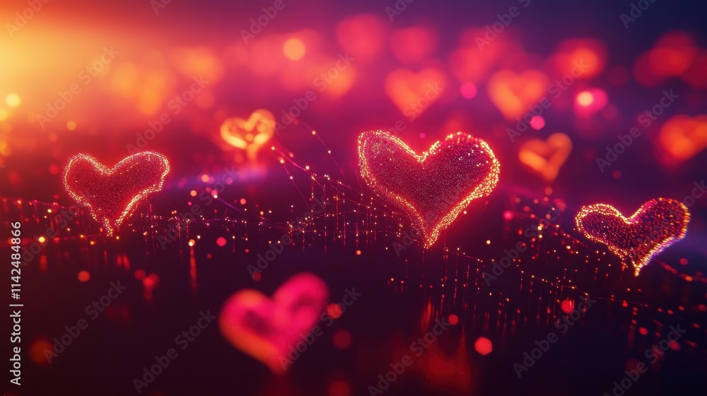 A mosaic of tiny glowing hearts creating an abstract pattern on a deep crimson background with light flares. A mosaic of tiny glowing hearts creating an abstract pattern on a deep crimson background with light flares.