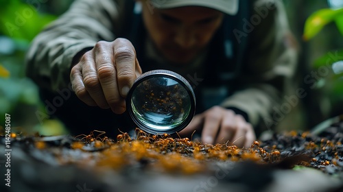 Scientist Examining Orange Ants in Rainforest Habitat photo