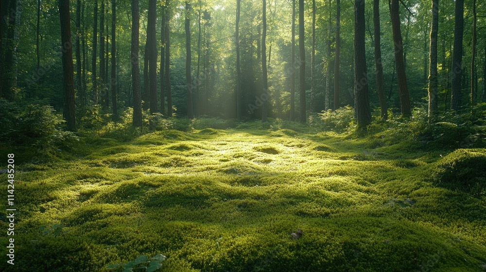 Fototapeta premium Sunlit Mossy Forest Floor: Enchanting Morning Light in a Lush Green Woodland