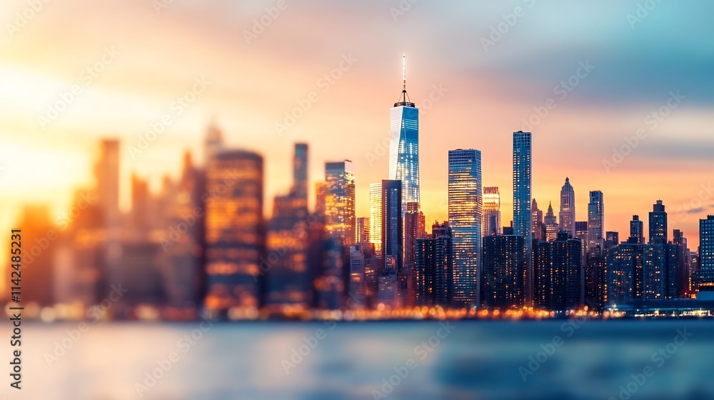 Obraz premium Blurred Cityscape Skyline at Dusk with Twinkling Lights Stylized Urban Background