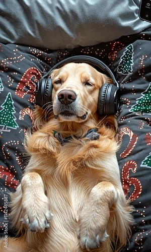Wallpaper Mural A golden retriever dog is laying on a bed, wearing headphones and listening to music from a smartphone. The dog is surrounded by a christmas pattern pillow, and the image is taken from a top-down  Torontodigital.ca
