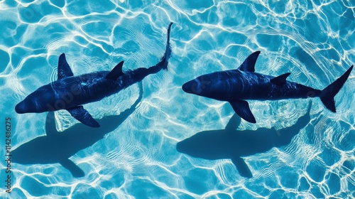 Two Sharks Swimming in Clear Blue Water, Vibrant Ocean Scene Showcasing Nature's Beauty with Shadows on Sandy Bottom, Ideal for Ocean Life and Marine Conservation Themes photo