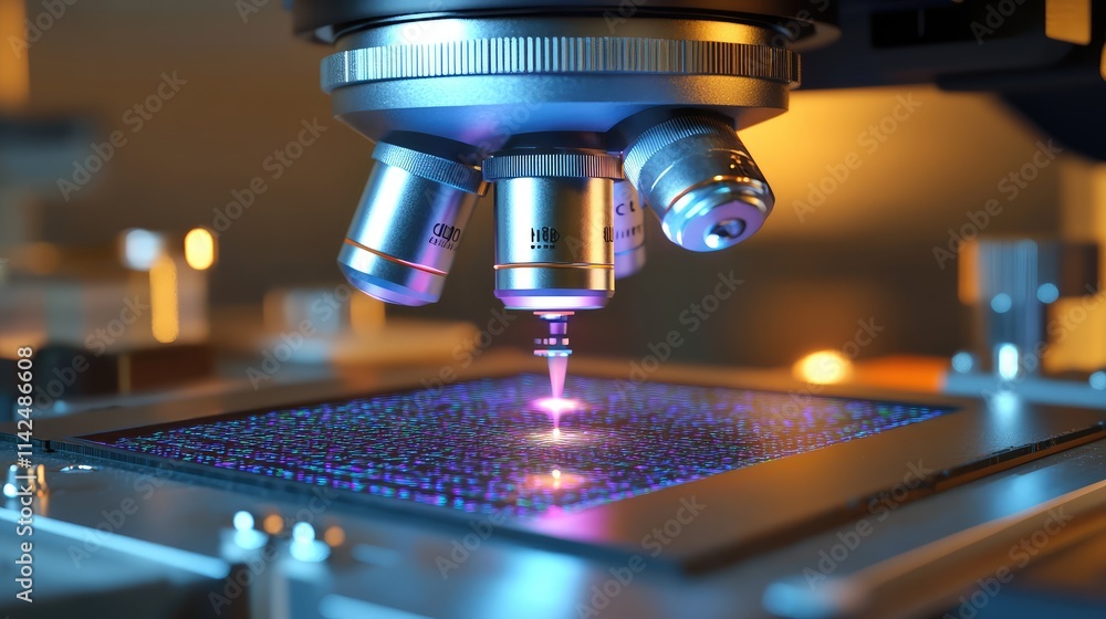 A conceptual depiction of a microchip under a microscope, with holographic data annotations projected around its magnified image A conceptual depiction of a microchip under a microscope, with holographic data annotations projected around its magnified image
