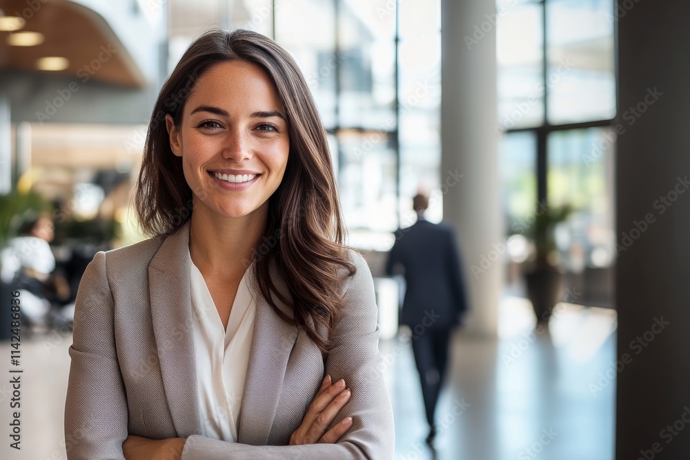 Obraz premium Smiling confident business woman standing with arms folded in a modern bright office.