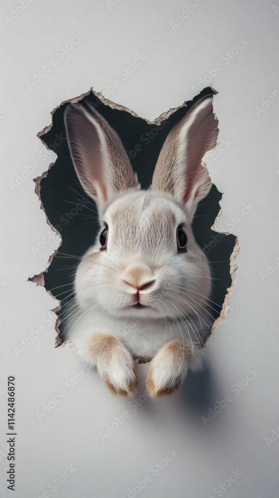 Obraz premium Cute easter bunny peeking through a torn hole in white paper, a playful and adorable scene
