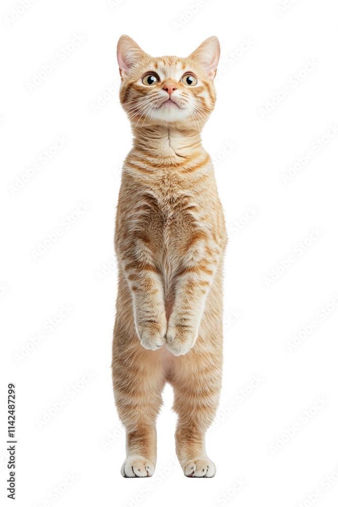 Fototapeta premium An orange tabby cat standing upright, with wide eyes and a curious expression, showcasing its playful nature on white background , cut out. 