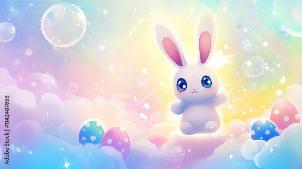A radiant cross surrounded by Easter eggs and a cheerful bunny on a dreamy pastel abstract background with text-friendly space. A radiant cross surrounded by Easter eggs and a cheerful bunny on a dreamy pastel abstract background with text-friendly space.