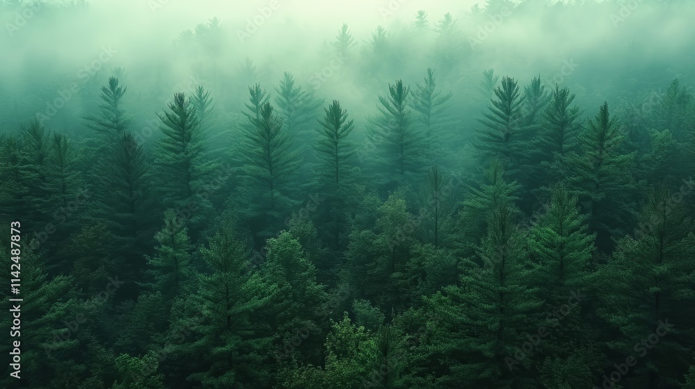 Fototapeta premium Misty Green Coniferous Forest Aerial View Natures Serenity