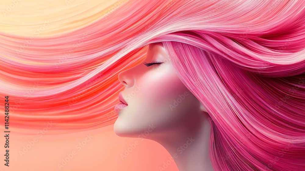 A vibrant portrayal of a woman with flowing pink hair. A vibrant portrayal of a woman with flowing pink hair.