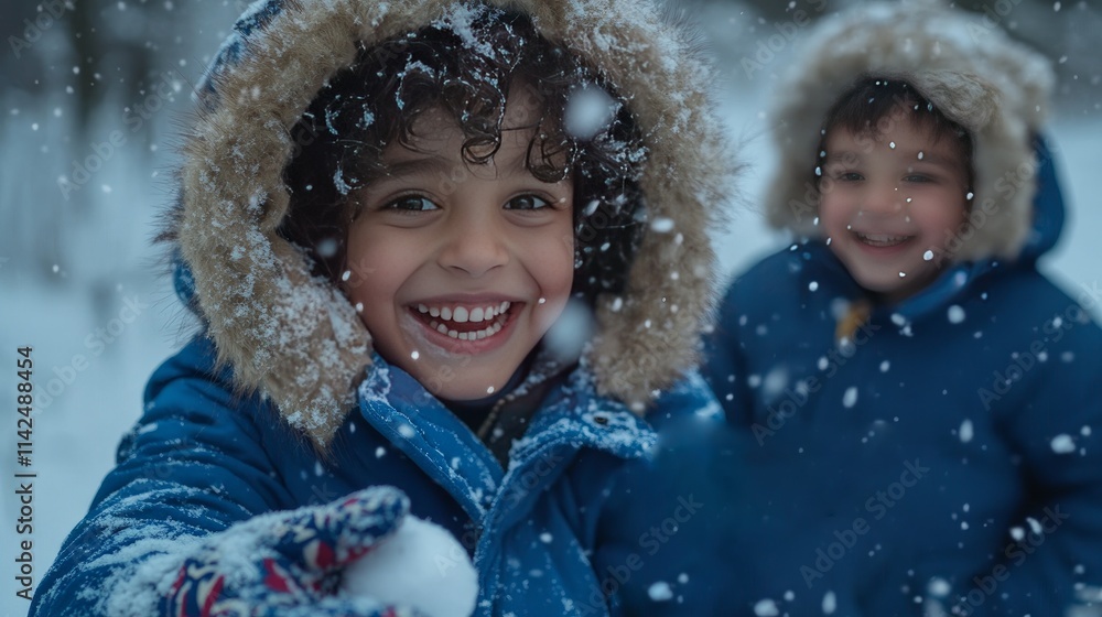 Two Siblings playing in Outdoor on a Cold Day, Highlighting Warmth, Family Bonding, and Childhood Joy in Winter Two Siblings playing in Outdoor on a Cold Day, Highlighting Warmth, Family Bonding, and Childhood Joy in Winter