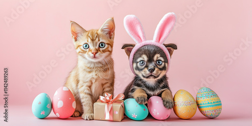 cat and dog with easter eggs