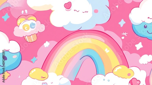 A whimsical, colorful illustration featuring clouds and a rainbow.