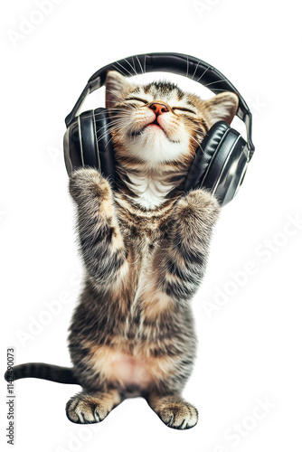 A playful cat wearing oversized headphones, enjoying music with a joyful expression on white background , cut out.	