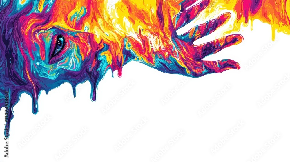 Naklejka premium Vibrant Abstract Portrait with Dripping Colors and Expressive Hand Gesture Emphasizing Emotion and Creativity in Artistic Expression