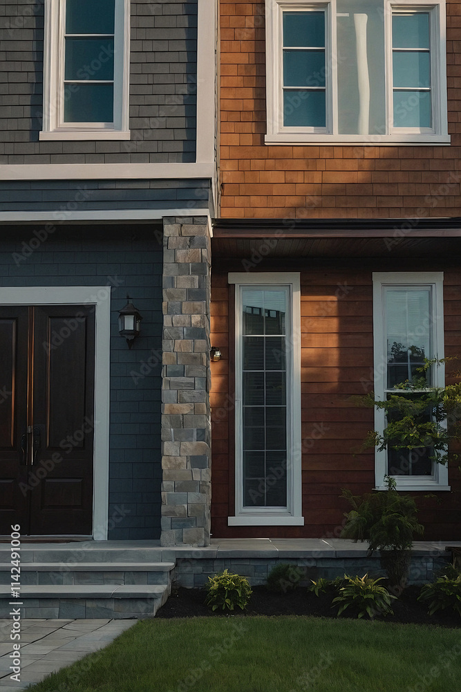 Exterior View of Two Attached Houses with Gray and Reddish-Brown Siding Exterior View of Two Attached Houses with Gray and Reddish-Brown Siding