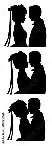 Set of silhouettes of victorian couple in three stages of love, from courting to kiss.