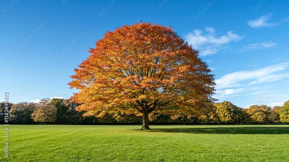 Breathtaking Autumn Tree in Lush Green Meadow Under Vibrant Blue Sky Breathtaking Autumn Tree in Lush Green Meadow Under Vibrant Blue Sky