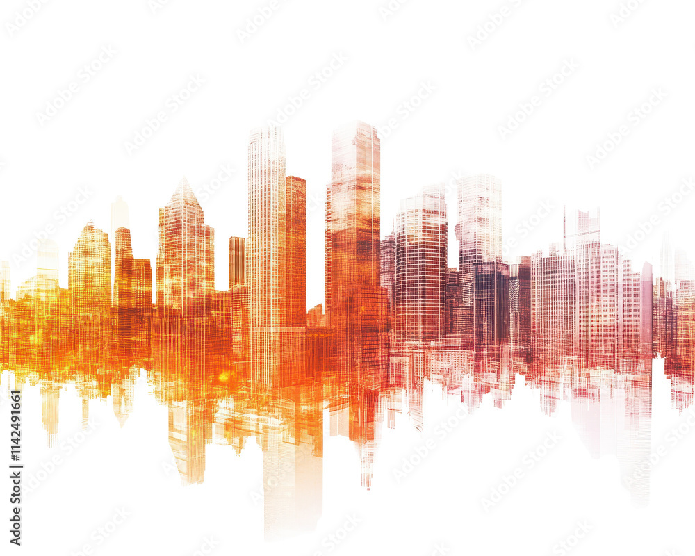 Fototapeta premium Abstract city skyline with vibrant colors on a white isolated background.