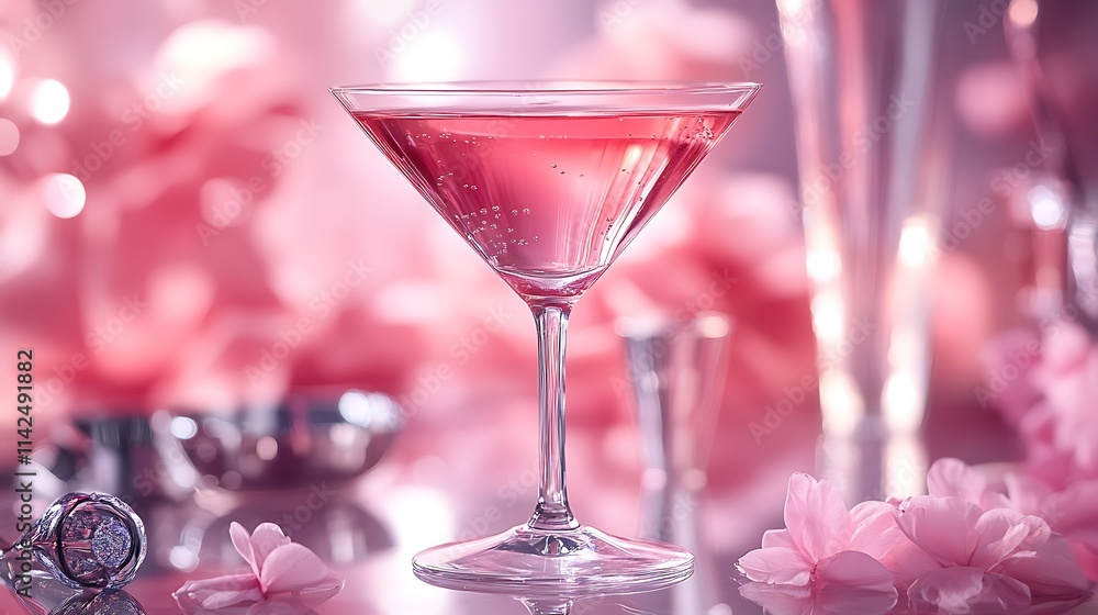 Pink Cocktail Drink in Martini Glass with Flowers Pink Cocktail Drink in Martini Glass with Flowers