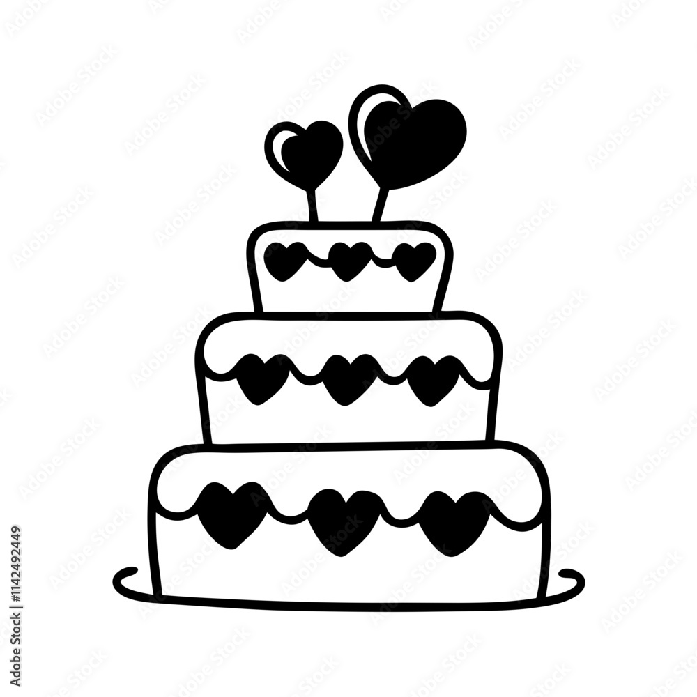 Three-tier wedding cake with hearts and decorative elements Three-tier wedding cake with hearts and decorative elements