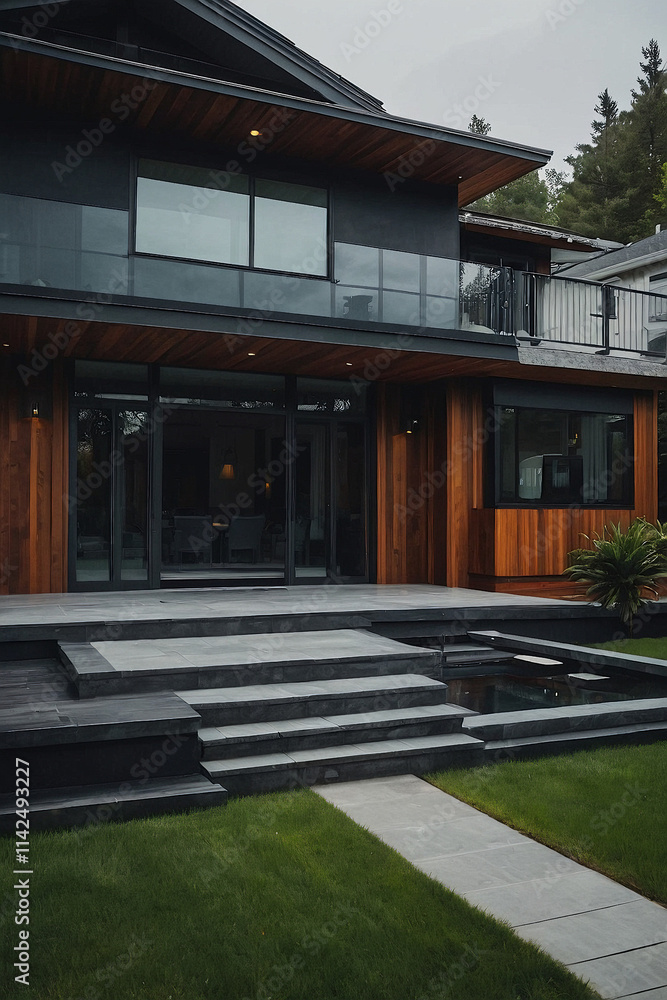 Modern home exterior featuring dark gray siding, wood accents, large windows, and a stone patio with stairs leading to a small reflecting pool. Landscaping includes neatly trimmed grass. Modern home exterior featuring dark gray siding, wood accents, large windows, and a stone patio with stairs leading to a small reflecting pool. Landscaping includes neatly trimmed grass.