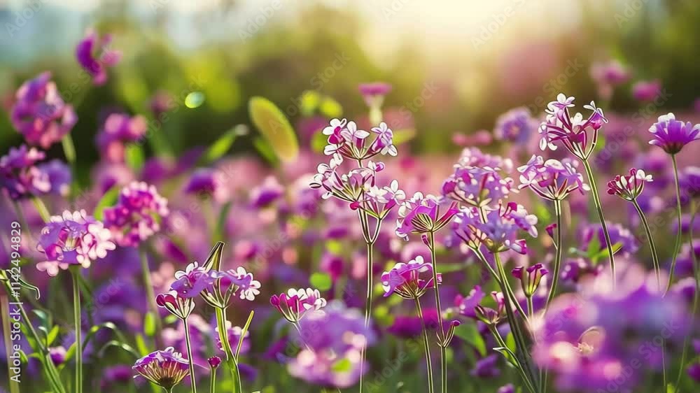 A vibrant field showcases an abundance of blooming purple flowers swaying gently in the breeze, illuminated by warm sunlight on a spring afternoon. A vibrant field showcases an abundance of blooming purple flowers swaying gently in the breeze, illuminated by warm sunlight on a spring afternoon.